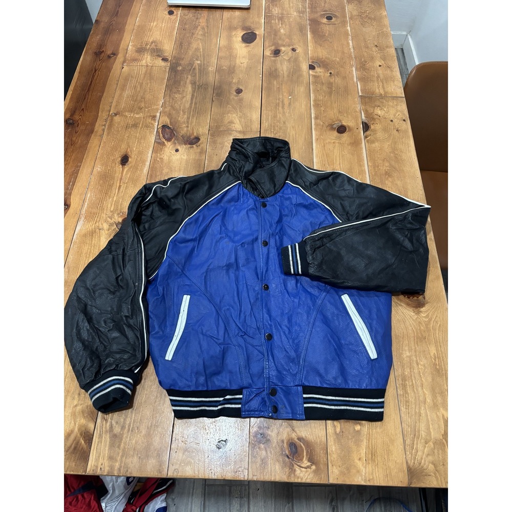 CODE ZERO Men's Blue Black Leather Bomber Jacket Snap Front Ribbed M Vintage